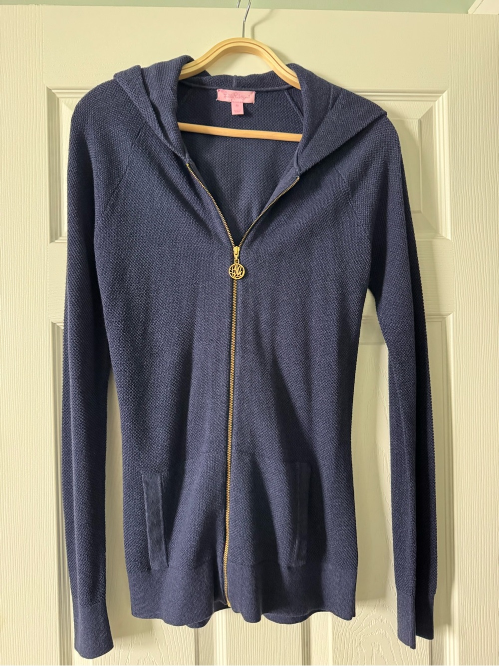 Lilly Pulitzer Navy Full Zip Hooded Sweatshirt Lilly Gold Logo Zip - Medium